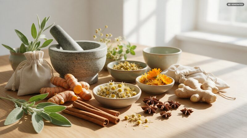 Heilkräuter und Gewürze verschiedener Kulturen mit Mörser: Kurkuma, Ingwer, Zimt, Sternanis, Kamille und Ringelblume. Mit künstlicher Intelligenz erstelltes Bild.