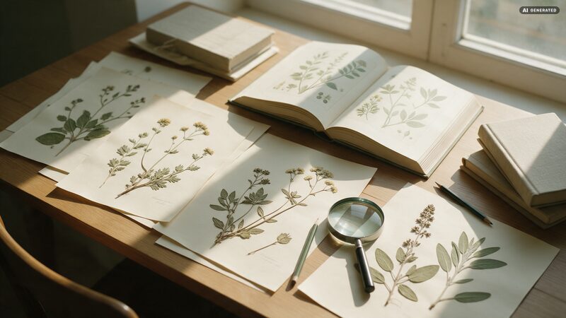 Herbarbögen mit gepressten Heilpflanzen, aufgeschlagenes botanisches Buch und Lupe auf einem Holztisch. Mit künstlicher Intelligenz erstelltes Bild.