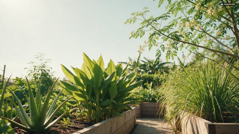 Medizinalgarten mit Hochbeeten voller Heilpflanzen wie Aloe vera, Kurkuma, Zitronengras und einem blühenden Moringabaum. Mit künstlicher Intelligenz erstelltes Bild.