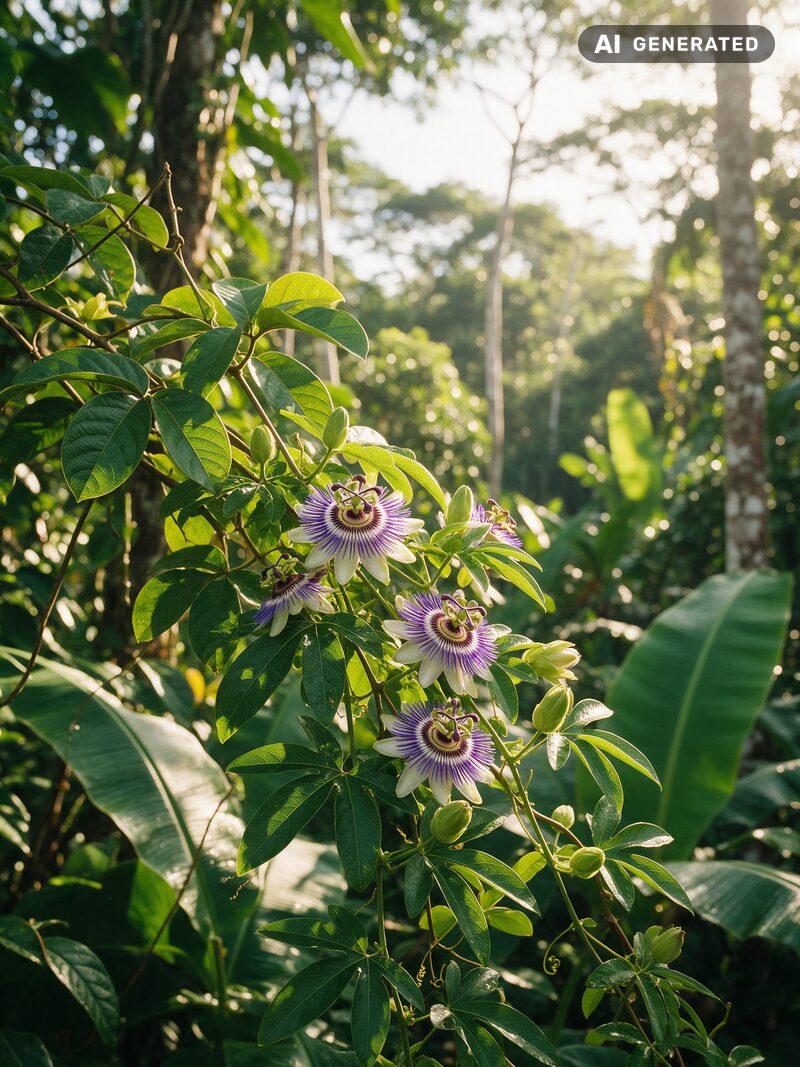 Blühende Passionsblume an einer Ranke am Rand des Regenwalds. Mit künstlicher Intelligenz erstelltes Bild.