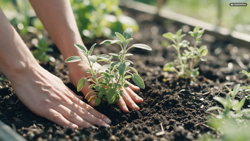 Zwei Hände setzen einen jungen Kräutersetzling in ein Gartenbeet. Mit künstlicher Intelligenz erstelltes Bild.